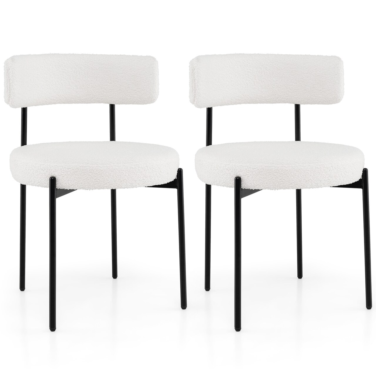 White Faux Sherpa Metal Dining Chairs Set of 2 with Curved Backrest and Padded Seat